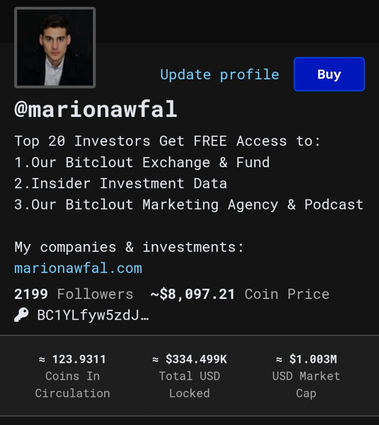 Image in @MarioNawfal's post: My market cap on #Bitclout just hit $1m, and I know $10m is not far off. How do I know? My day yest…