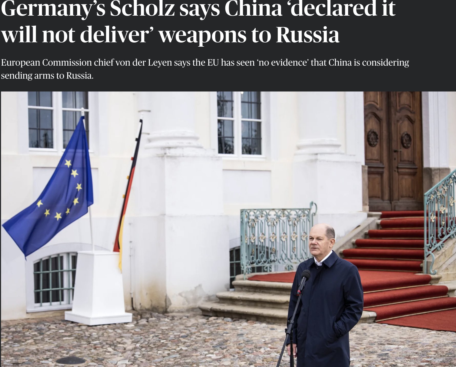 Image in @MarioNawfal's post: 🚨#BREAKING: German Chancellor said China had declared it won’t supply Russia with weapons for the U…