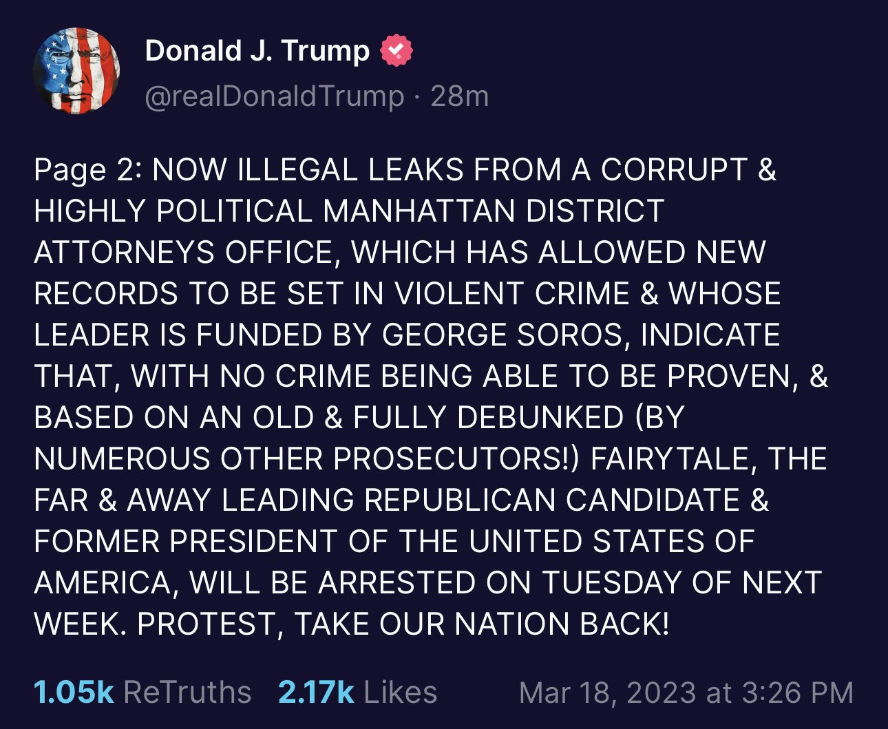 Image in @MarioNawfal's post: #BREAKING: Trump claims he will be arrested on Tuesday! https://t.co/wA6zdwaDpc