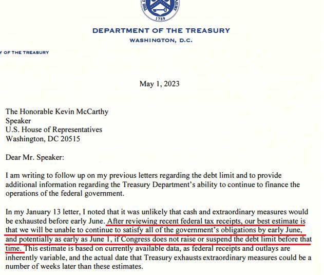 Image in @MarioNawfal's post: BREAKING: If Congress does not raise or suspend the debt limit, the Treasury Department will be una…