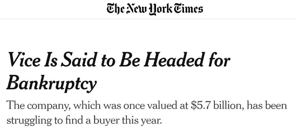 Image in @MarioNawfal's post: BREAKING: Vice Almost Bankrupt
The company has been struggling to find a buyer this year, and the …