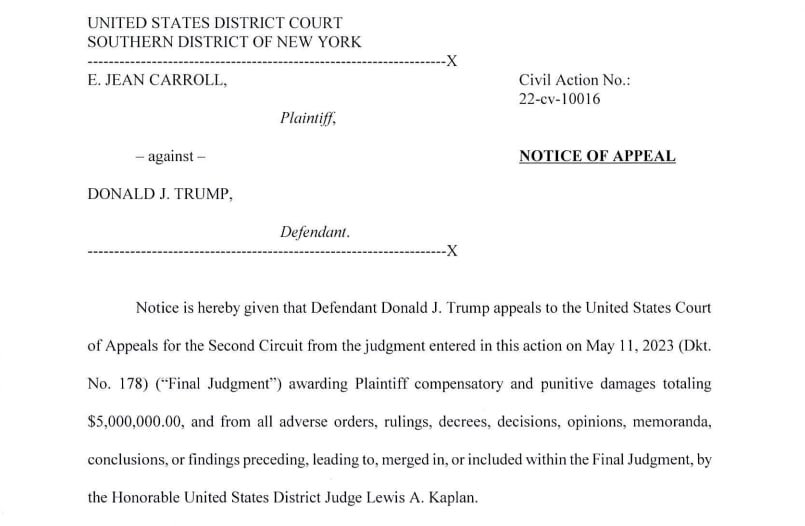Image in @MarioNawfal's post: 🚨BREAKING: Donald Trump files a notice of appeal in E. Jean Carroll case. https://t.co/vzCV530dYi