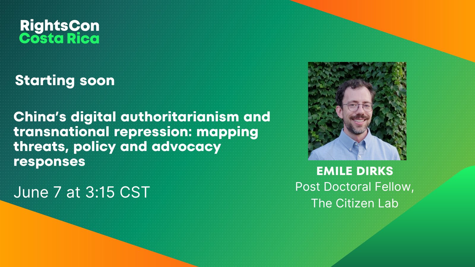 Image in @citizenlab's post: 🔴 Starting 🔜 @rightscon, @citizenlab’s @emiledirks will be discussing approaches to address China’…