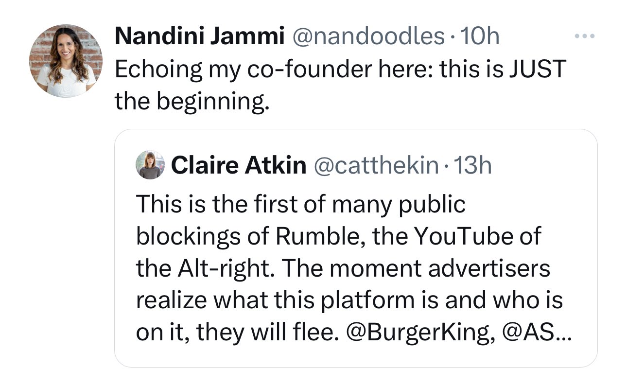 Image in @MarioNawfal's post: SOROS-LINKED WOMAN CANCELS TRUMP, TUCKER, RUSSELL BRAND AND RUMBLE
Nandini Jammi, co-founder of Ch…