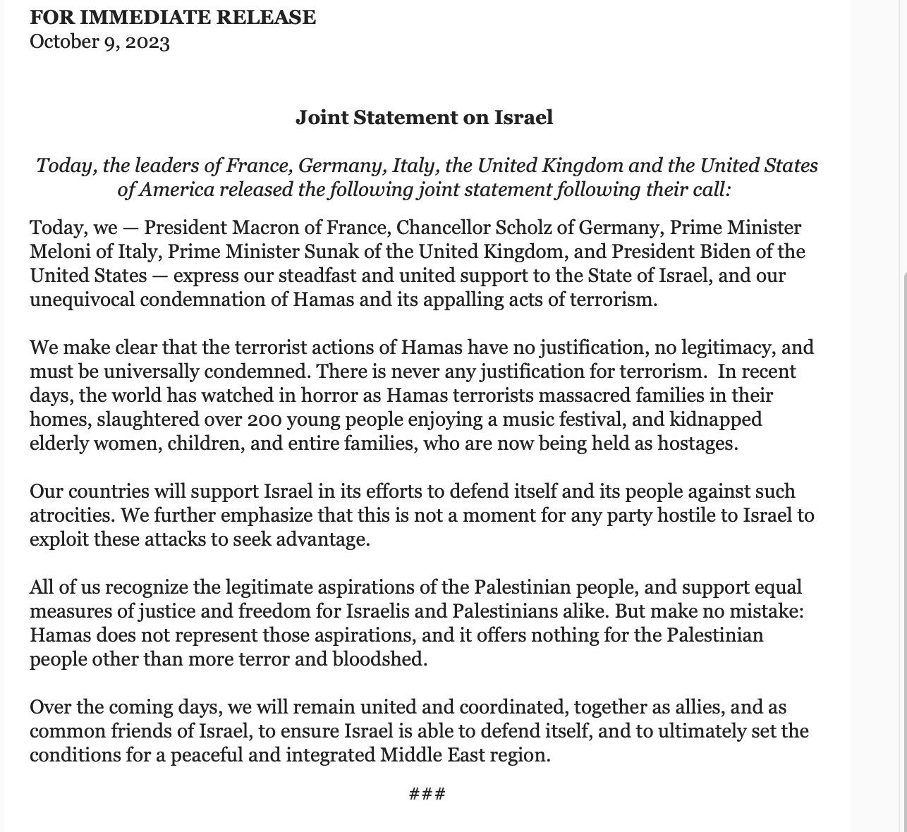 Image in @MarioNawfal's post: JUST IN: Statement by the U.S, France, Germany, Italy and the UK
The joint statement expresses 'st…