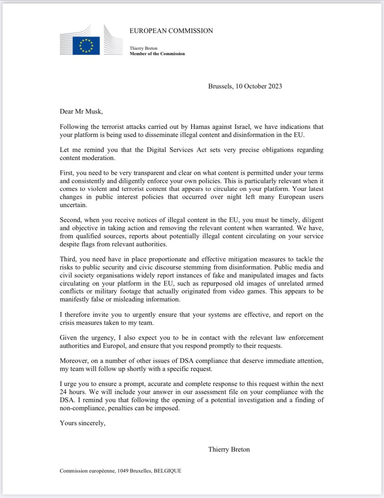 Image in @MarioNawfal's post: 🚨 BREAKING: EU officials warn Musk of 'illegal' disinformation on X amid Israel-Hamas conflict.
EU…