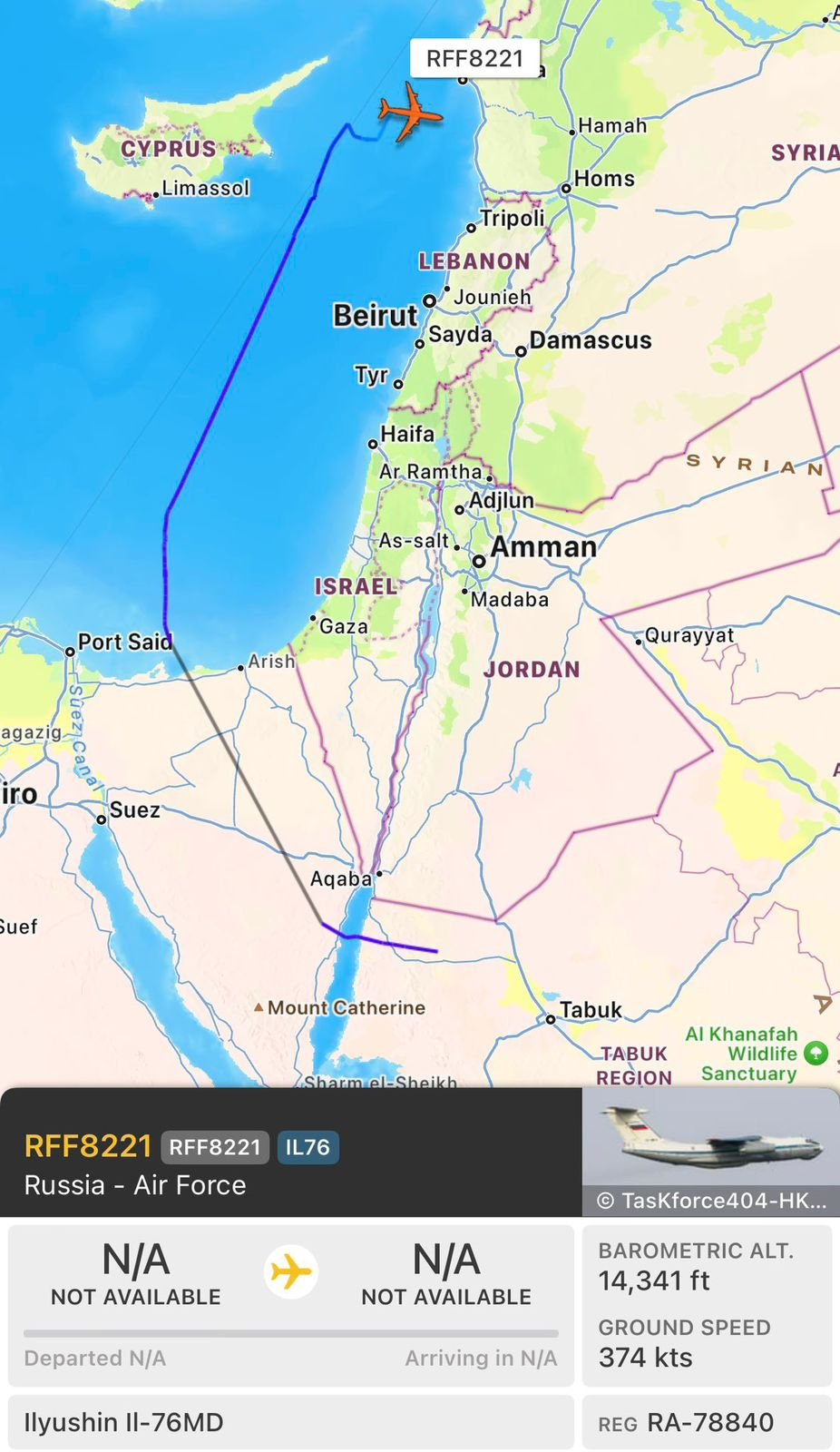 Image in @MarioNawfal's post: JUST IN: Russian Air Force Strategic Airlifter has made a trip around the Middle East and is about …