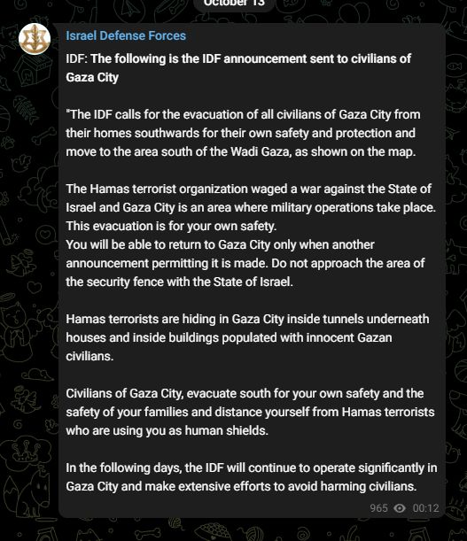 Image in @MarioNawfal's post: 🚨JUST IN: The Israeli Defense Forces posts an urgent announcement on Telegram:
-Civilians of Gaza …