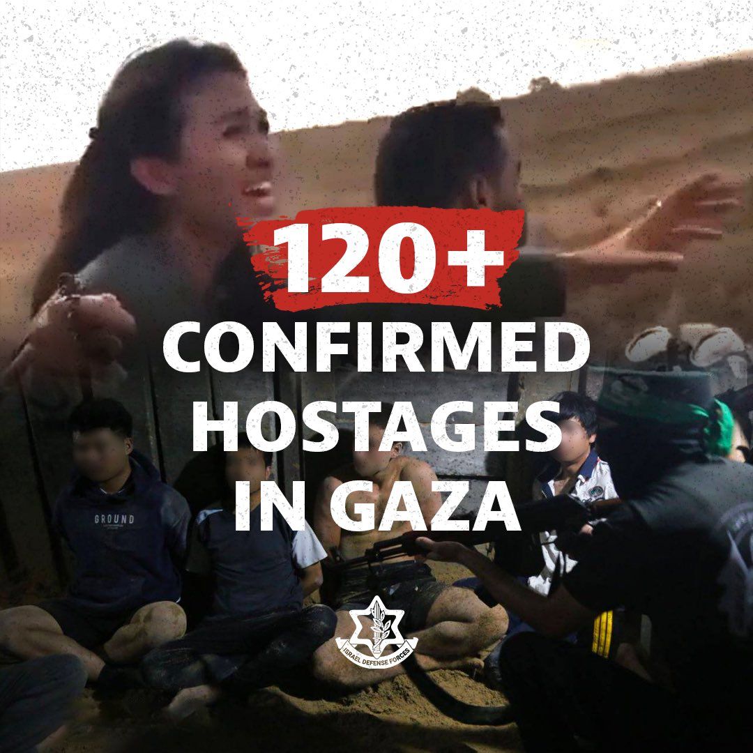 Image in @MarioNawfal's post: 🚨BREAKING: The Israeli Defense Force confirms that Hamas is currently holding more than 120 Israeli…
