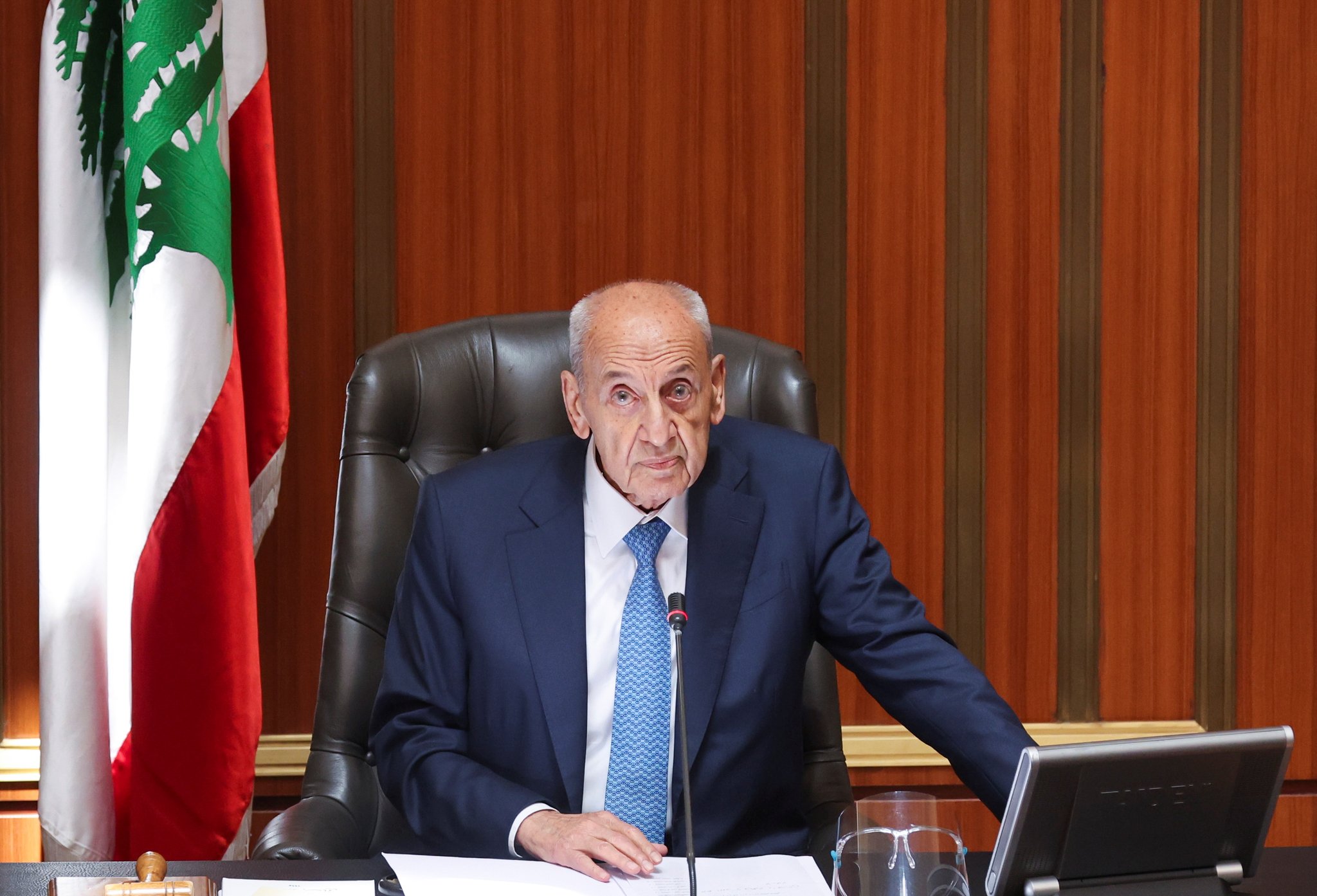 Image in @MarioNawfal's post: 🚨 JUST IN: Statements from Nabih Berri, the Speaker of the Lebanese Parliament:
-"If the displacem…
