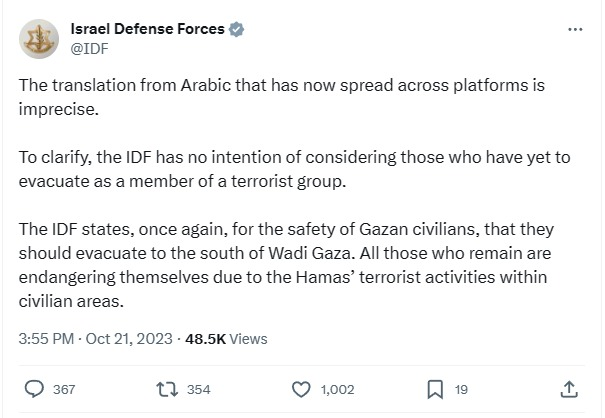 Image in @MarioNawfal's post: 🚨IMPORTANT: The Israeli Defense Force has clarified posters in Gaza labeling citizens who do not ev…