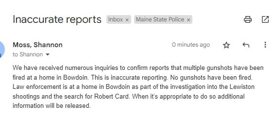 Image in @MarioNawfal's post: 🚨MASS SHOOTING UPDATE: Reports of shots fired in Bowdoin, Maine, are FALSE.
However, the police ar…