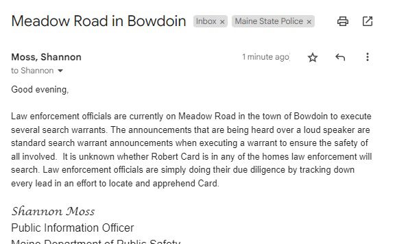 Image in @MarioNawfal's post: 🚨MAINE SHOOTER UPDATE: Maine State Police state they do not yet know if the shooter, Robert Card, i…