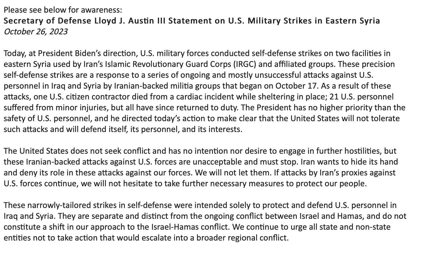 Image in @MarioNawfal's post: 🚨Offical Statement by the U.S Secretary of Defense on the Multiple Aistrikes on Iranian Targets:
"…