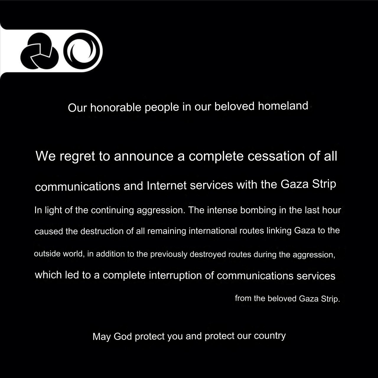 Image in @MarioNawfal's post: 🚨BREAKING: Palestinian Telecommunications Company Confirms "Cessation of All Communications and Int…