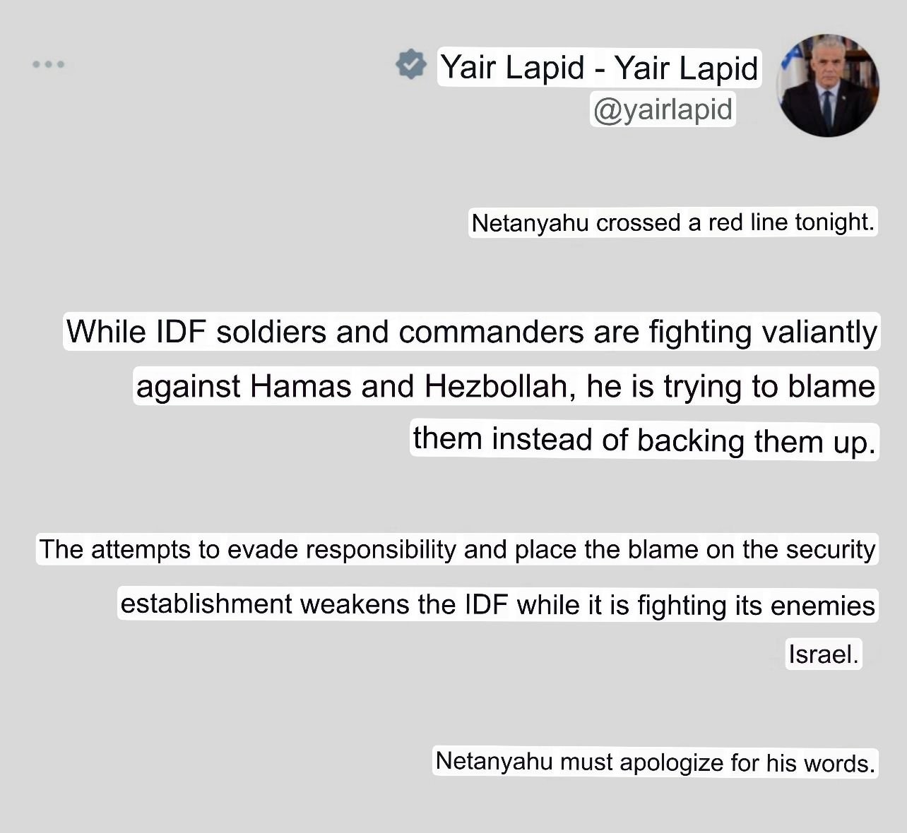 Image in @MarioNawfal's post: 🚨JUST IN: ISRAELI POLITICAL CRISIS DEEPENS | "NETANYAHU CROSSED A RED LINE"
Following Netanyahu's …