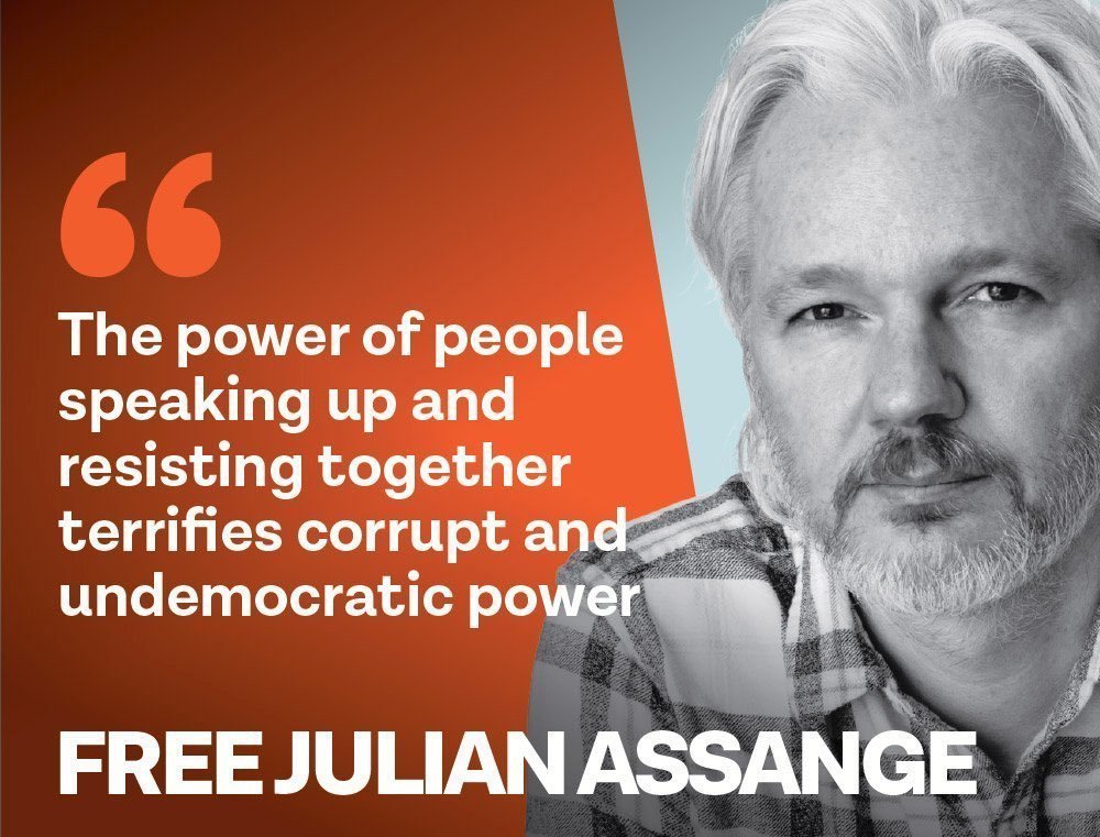 Image in @JulianAssange's post: Julian Assange: ‘The power of people speaking up and resisting together terrifies corrupt and undem…