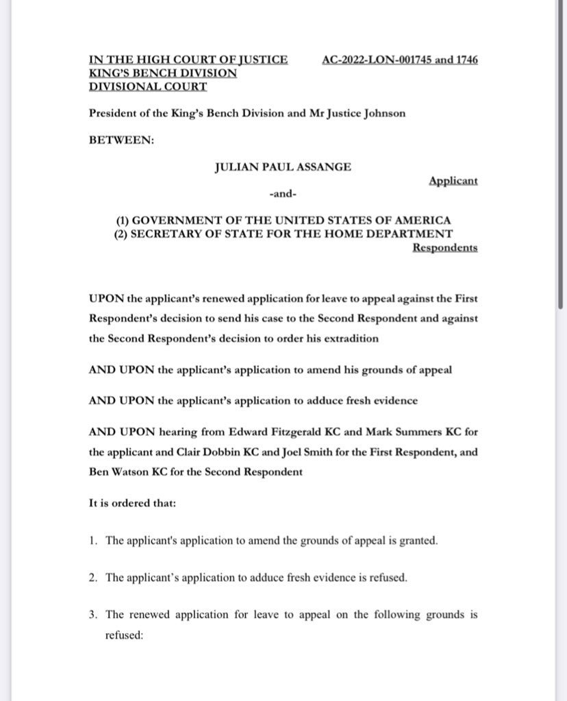 Image in @JulianAssange's post: BREAKING: Julian Assange has been granted permission to appeal extradition to the US on 3 of 9 grou…