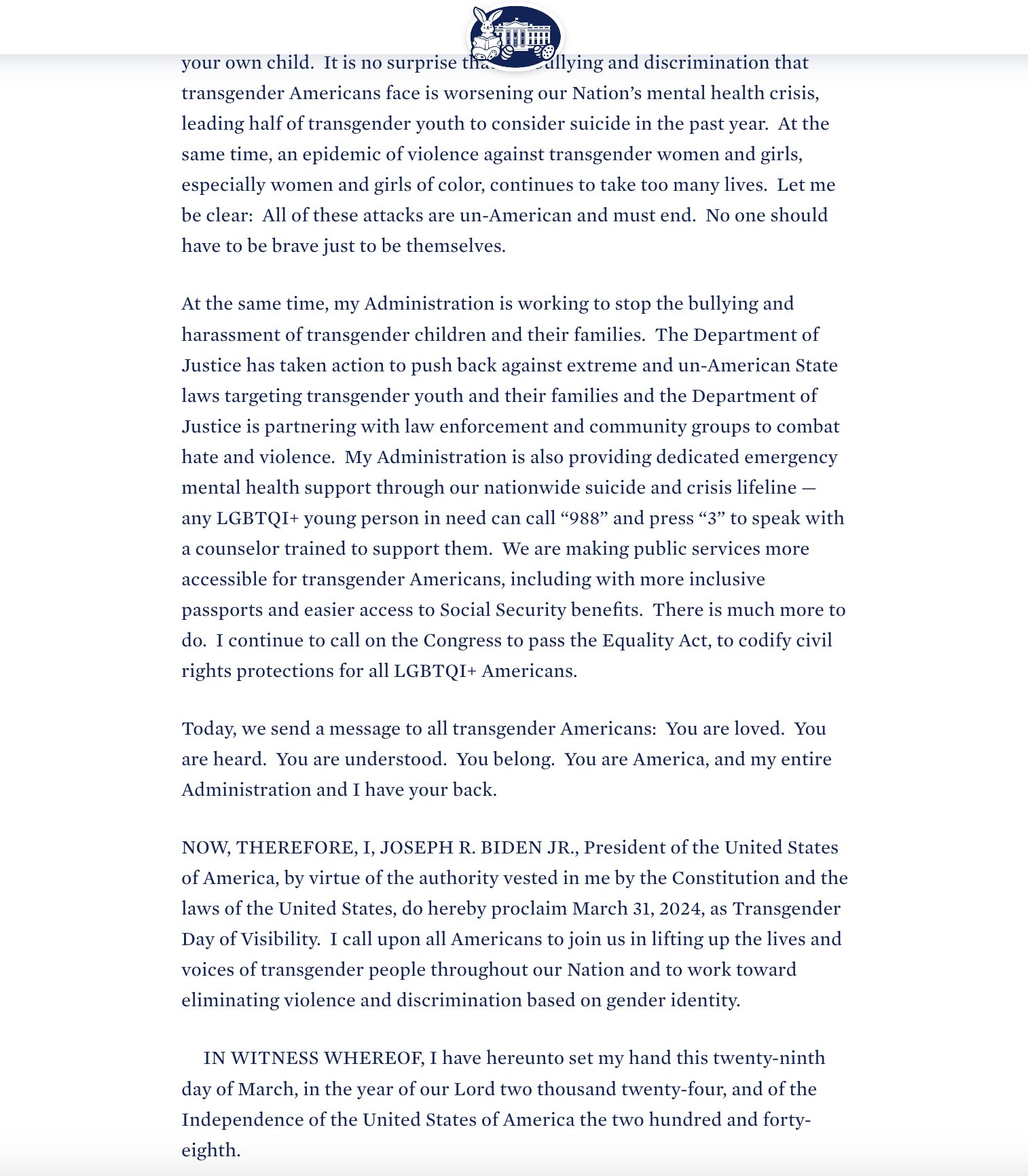 Image in @MarioNawfal's post: 🚨🇺🇸BIDEN RENAMES EASTER SUNDAY “TRANSGENDER DAY OF VISIBILITY”
“NOW, THEREFORE, I, JOSEPH R. BIDEN…