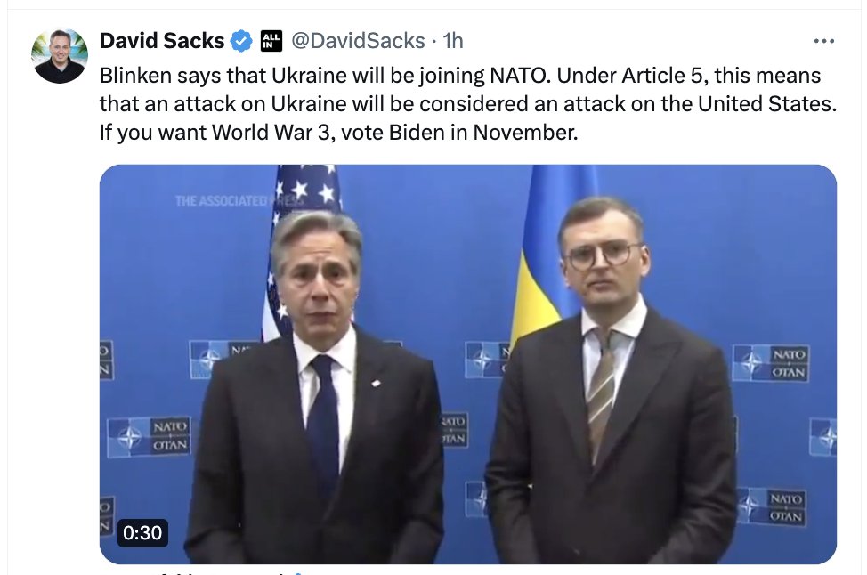 Image in @MarioNawfal's post: 🇺🇸DAVID SACKS: WANT WW3? VOTE FOR BIDEN
"Blinken says that Ukraine will be joining NATO.
Under …