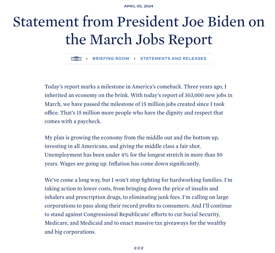 Image in @MarioNawfal's post: 🚨🇺🇸BIDEN: MARCH JOBS REPORT IS GOOD!... WHEW.
"Today’s report marks a milestone in America’s comeb…