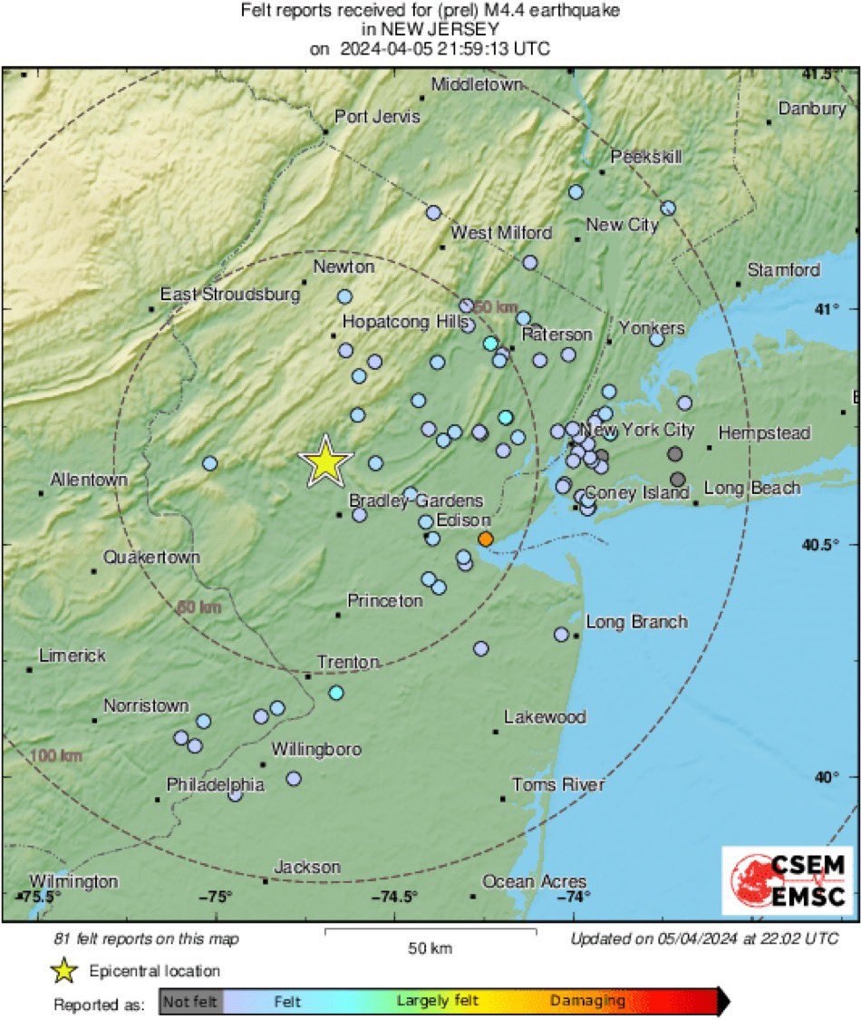 Image in @MarioNawfal's post: 🚨 BREAKING: NEW YORK AREA ROCKED BY ANOTHER STRONG EARTHQUAKE
Preliminary reports from USGS regist…
