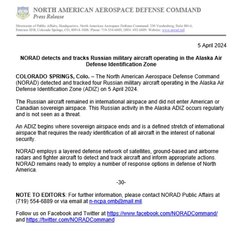 Image in @MarioNawfal's post: 🚨 BREAKING: NORAD has detected and tracked a Russian military aircraft flying within the Alaska Air…