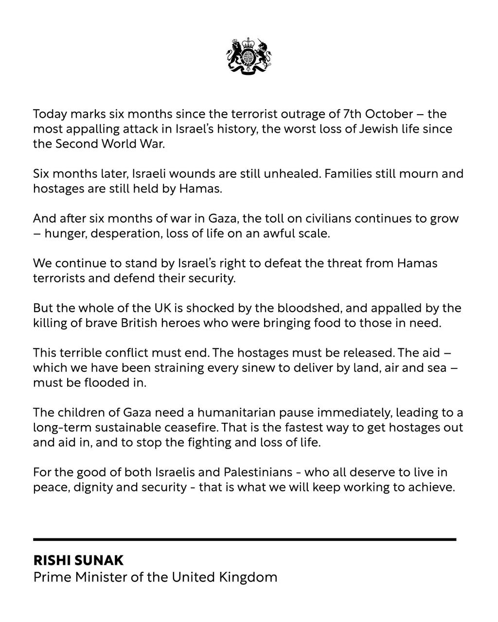 Image in @MarioNawfal's post: 🚨🇬🇧OFFICIAL UK STATEMENT: 6-MONTH ANNIVERSARY OF TERRORIST ATTACK ON OCT 7
"Today marks six months…
