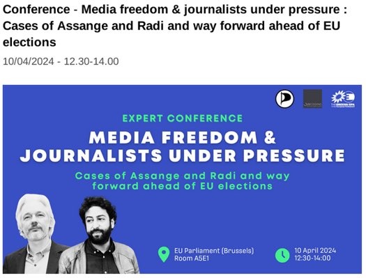 Image in @JulianAssange's post: Conference: Media freedom and journalists under pressure: The cases of Assange and Radi and the way…