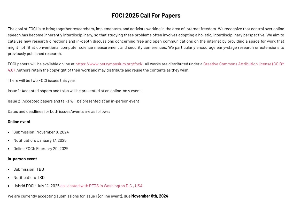Image in @citizenlab's post: CALL FOR PAPERS: Free and Open Communications on the Internet (FOCI) 2025 is looking for two, four,…