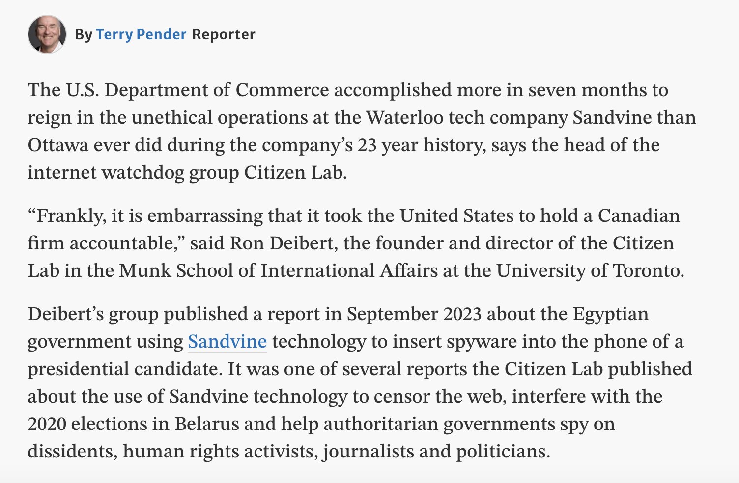 Image in @citizenlab's post: Speaking with @WR_Record about Sandvine sanctions in the U.S., @RonDeibert says “Frankly, it is emb…