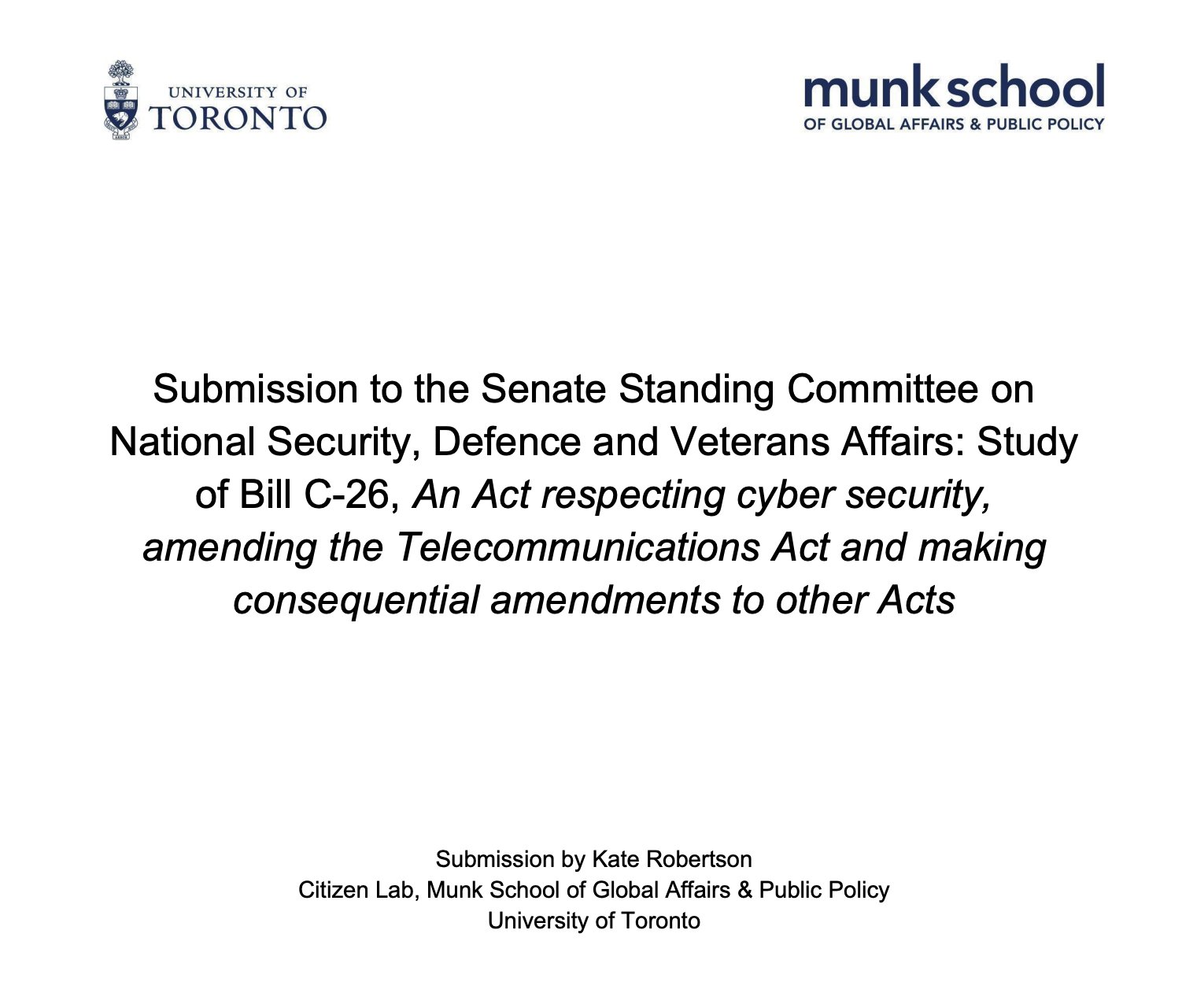 Image in @citizenlab's post: The Citizen Lab’s @KateRobertson_ testified before the Senate Standing Committee on National Securi…