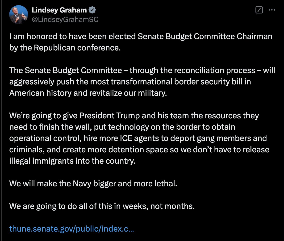 Image in @MarioNawfal's post: 🚨🇺🇸BREAKING: SEN. LINDSEY GRAHAM ANNOUNCED AS NEXT SENATE BUDGET COMMITTEE CHAIR
U.S. Sen. John Th…