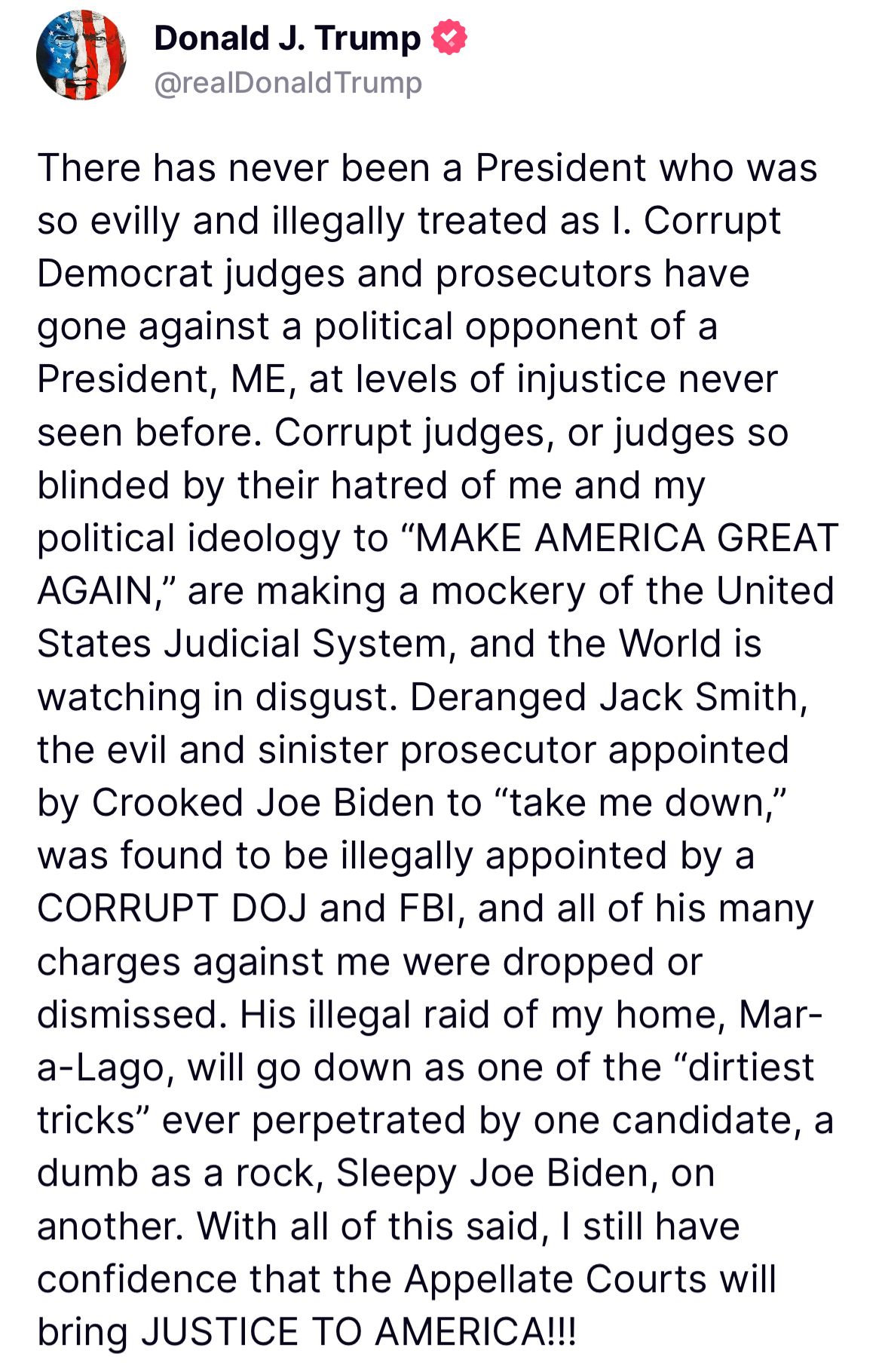 Image in @MarioNawfal's post: 🚨🇺🇸TRUMP DECLARES JUDICIAL SYSTEM “A MOCKERY”
Trump lashed out on social media, calling his treatm…