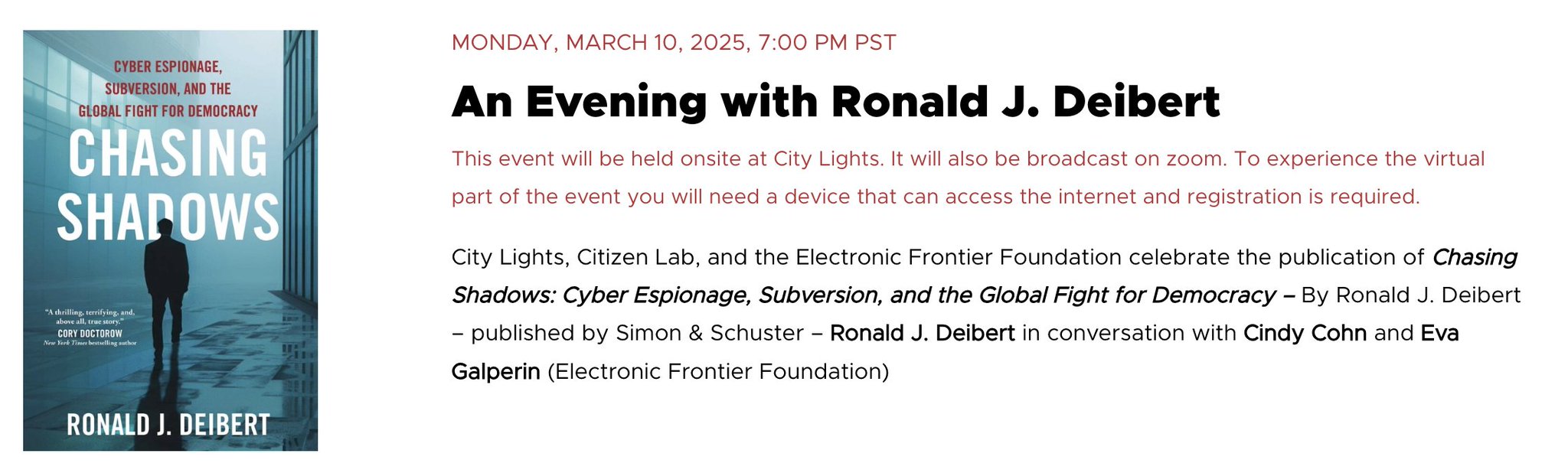 Image in @citizenlab's post: Hey #SanFrancisco - catch @RonDeibert’s book talk on March 10 at @CityLightsBooks. He will be joine…