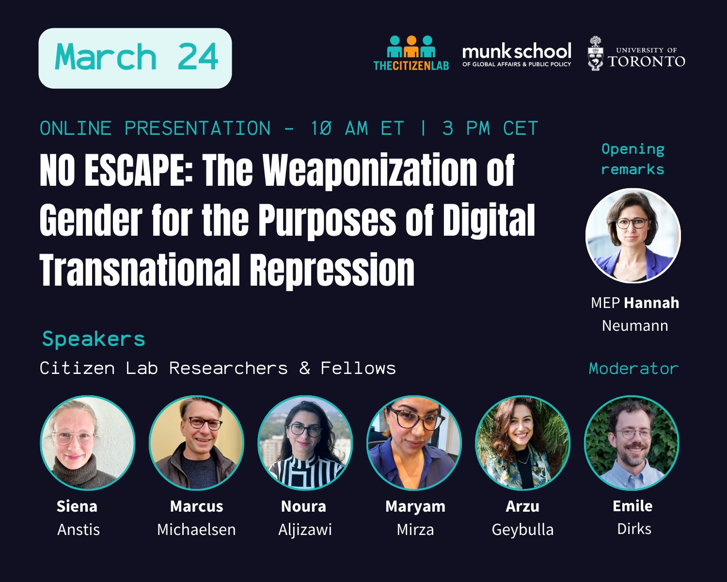 Image in @citizenlab's post: Join us on Monday (03/24) to gain insights into how gender and technology intersect to suppress hum…