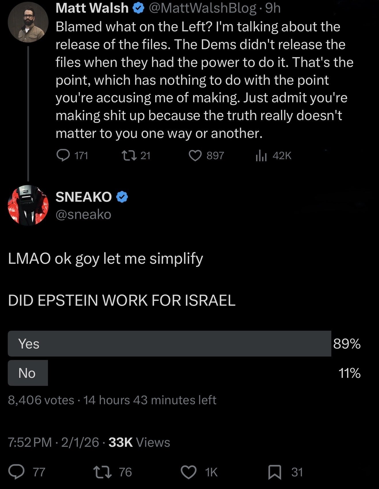 Image in @sneako's post: It’s been 10 hours maybe Matt Walsh is still googling who Epstein worked for https://t.co/aFNOBB1JYh