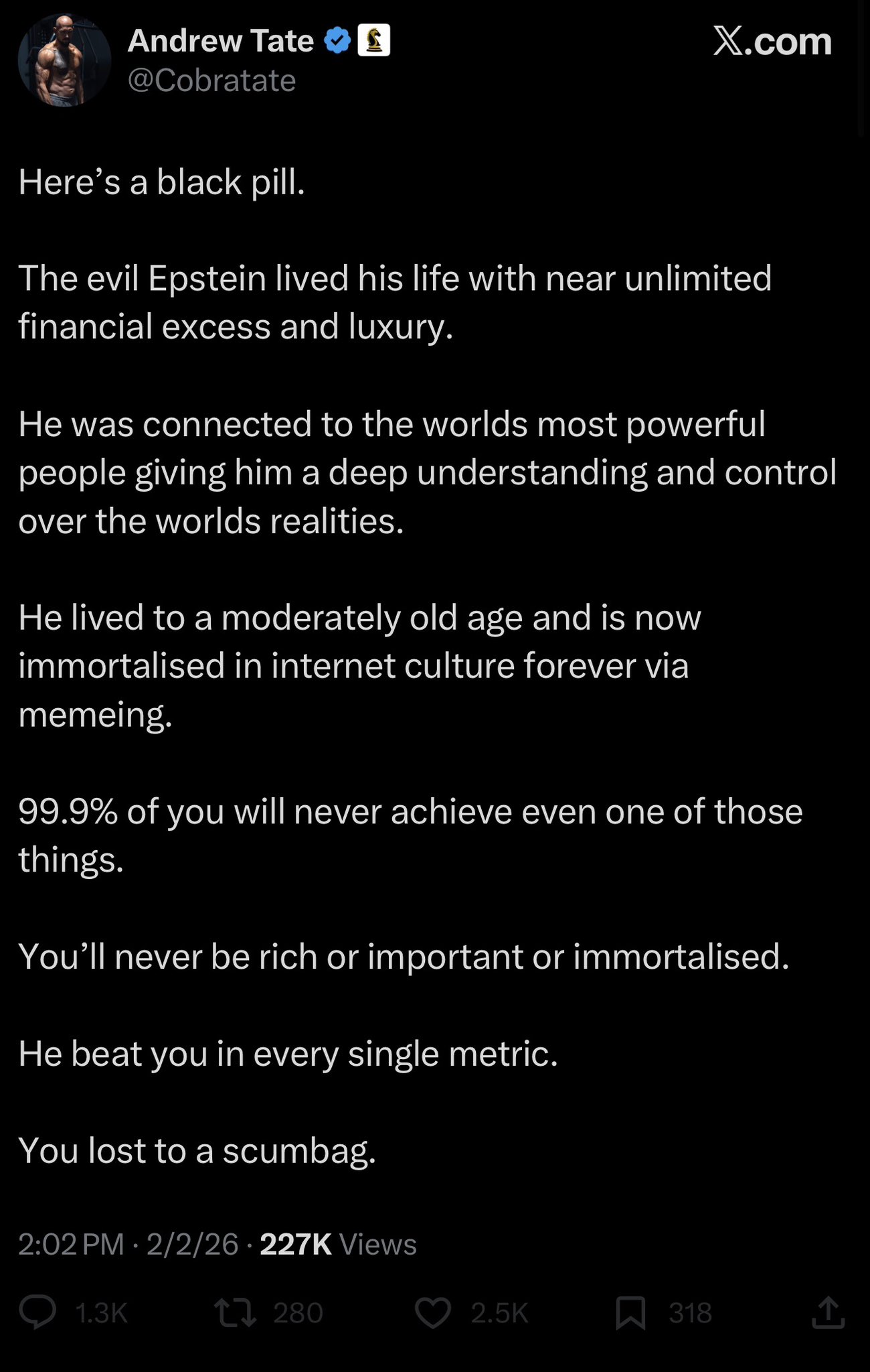 Image in @sneako's post: “Epstein is a winner” - Andrew Tate https://t.co/T3tqO8tlVr