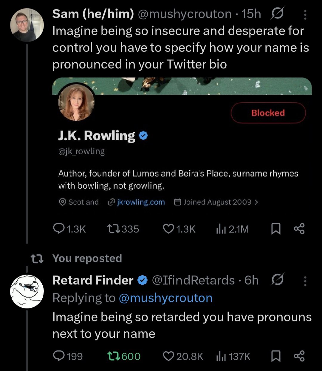 Image in @IfindRetards's post: Despite the fact he hid my comment, managed to ratio this pronoun retard back to he/hims basement h…