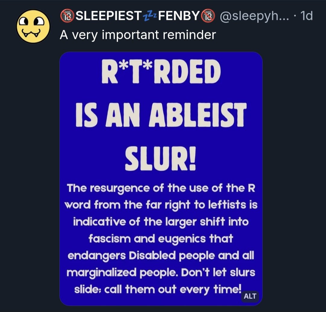 Image in @IfindRetards's post: Using the word RETARD is "indicative of the larger shift into fascism and eugenics"
😂
Drop a "Re…