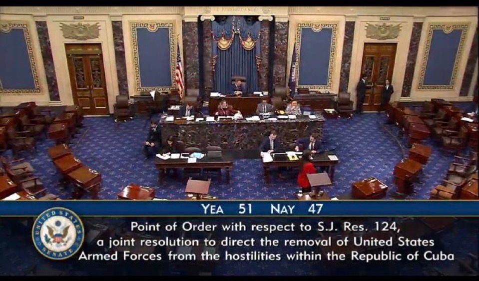 Image in @MarioNawfal's post: 🇺🇸🇨🇺 The Senate just voted 51 to 47 to block any debate on a War Powers Resolution that would have …