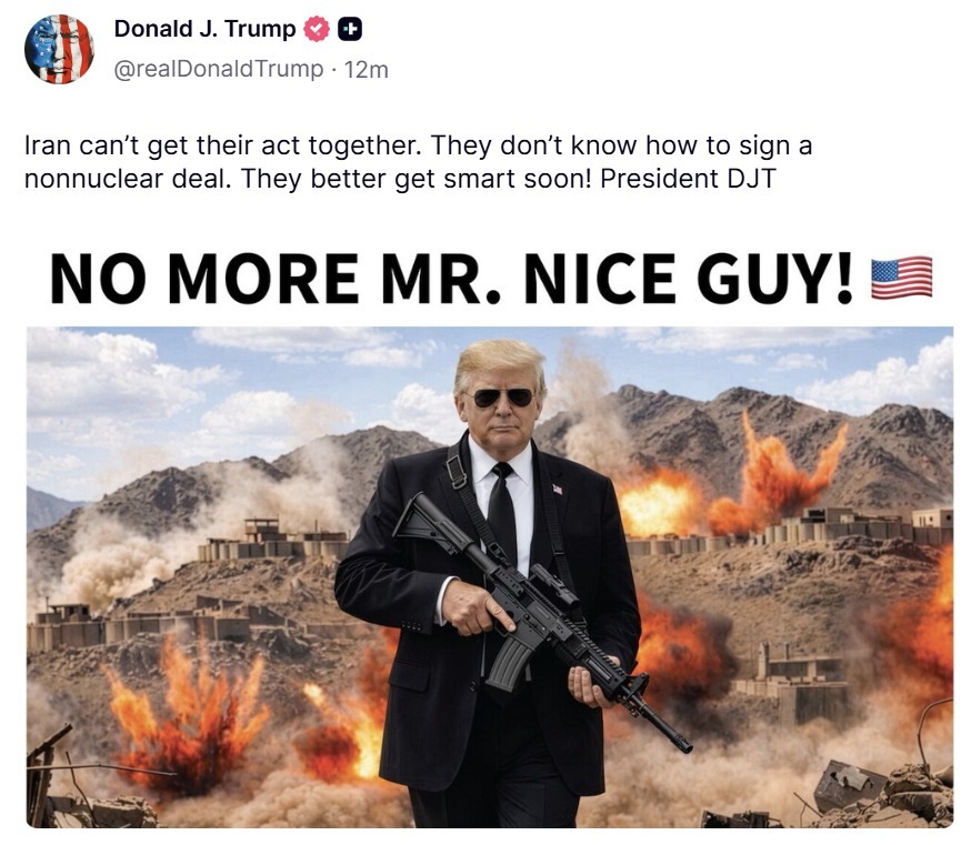 Image in @MarioNawfal's post: 🇺🇸🇮🇷 Trump just posted this on Truth Social.
Negotiations are clearly going well. https://t.co/TSJ…