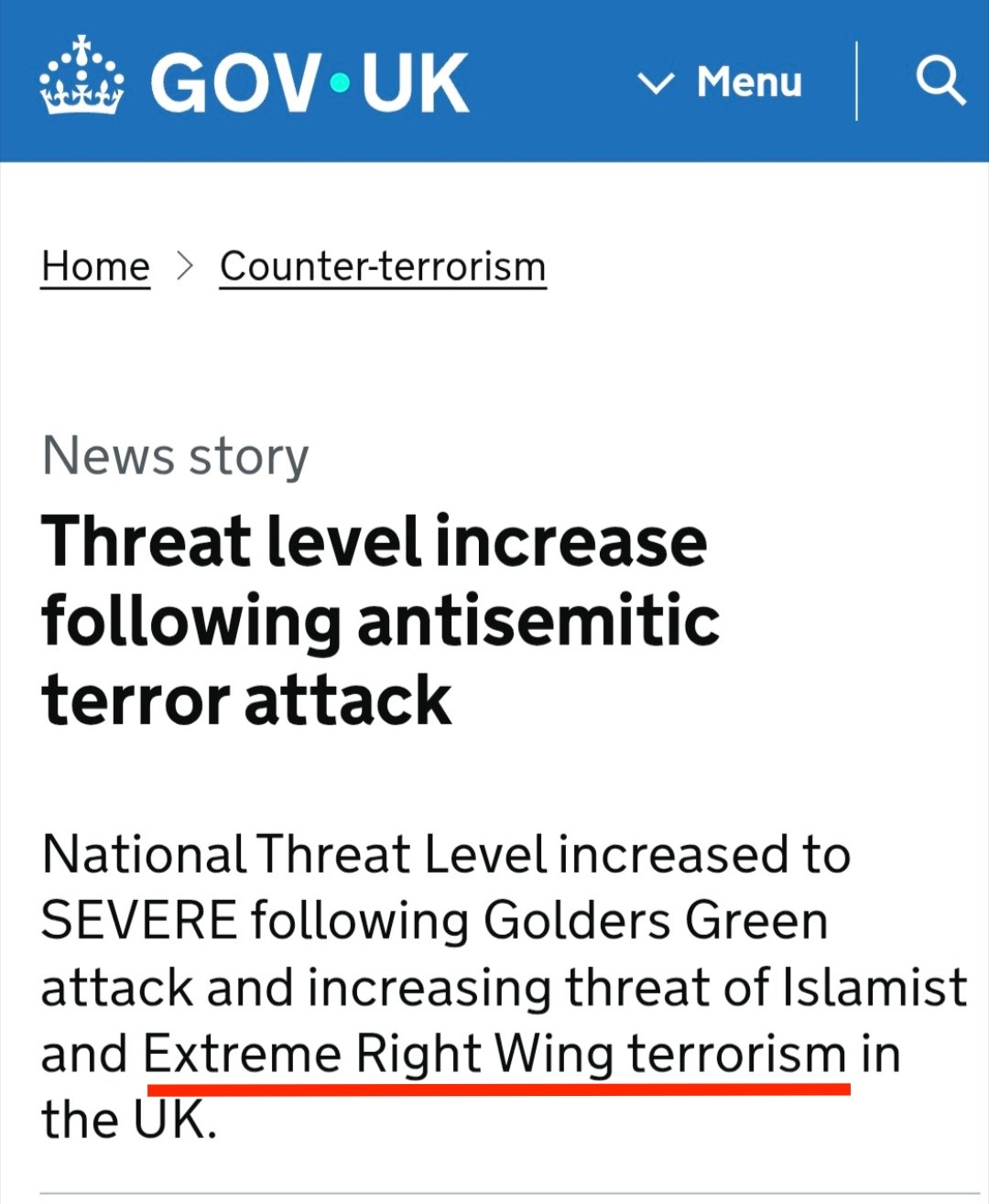 Image in @IfindRetards's post: UK GOV increased the terror threat level to severe after the Godlers Green attack. Somehow, they li…