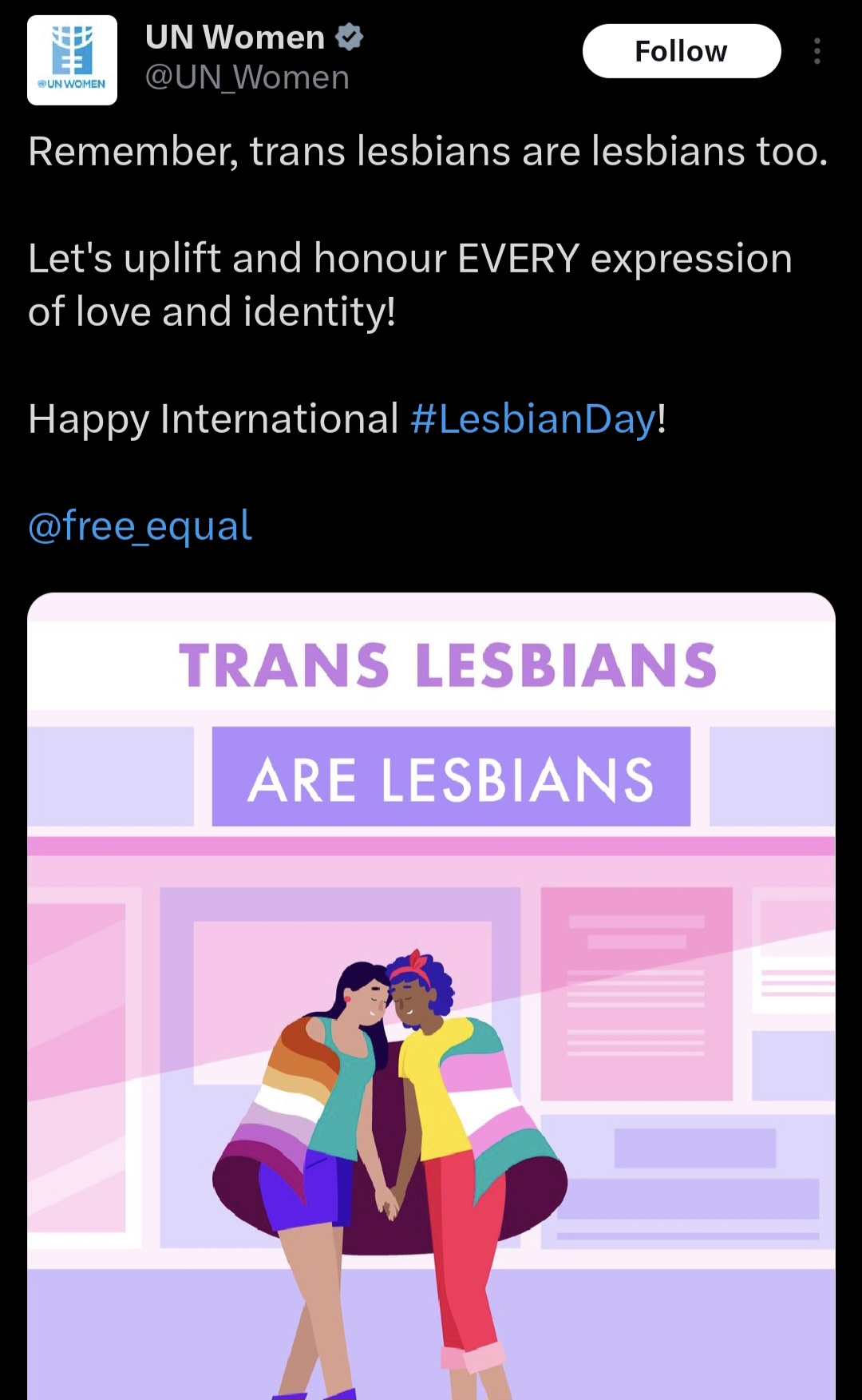 Image in @IfindRetards's post: I can't believe an official page posted this retarded trash. "Trans lesbians are lesbians" https://…