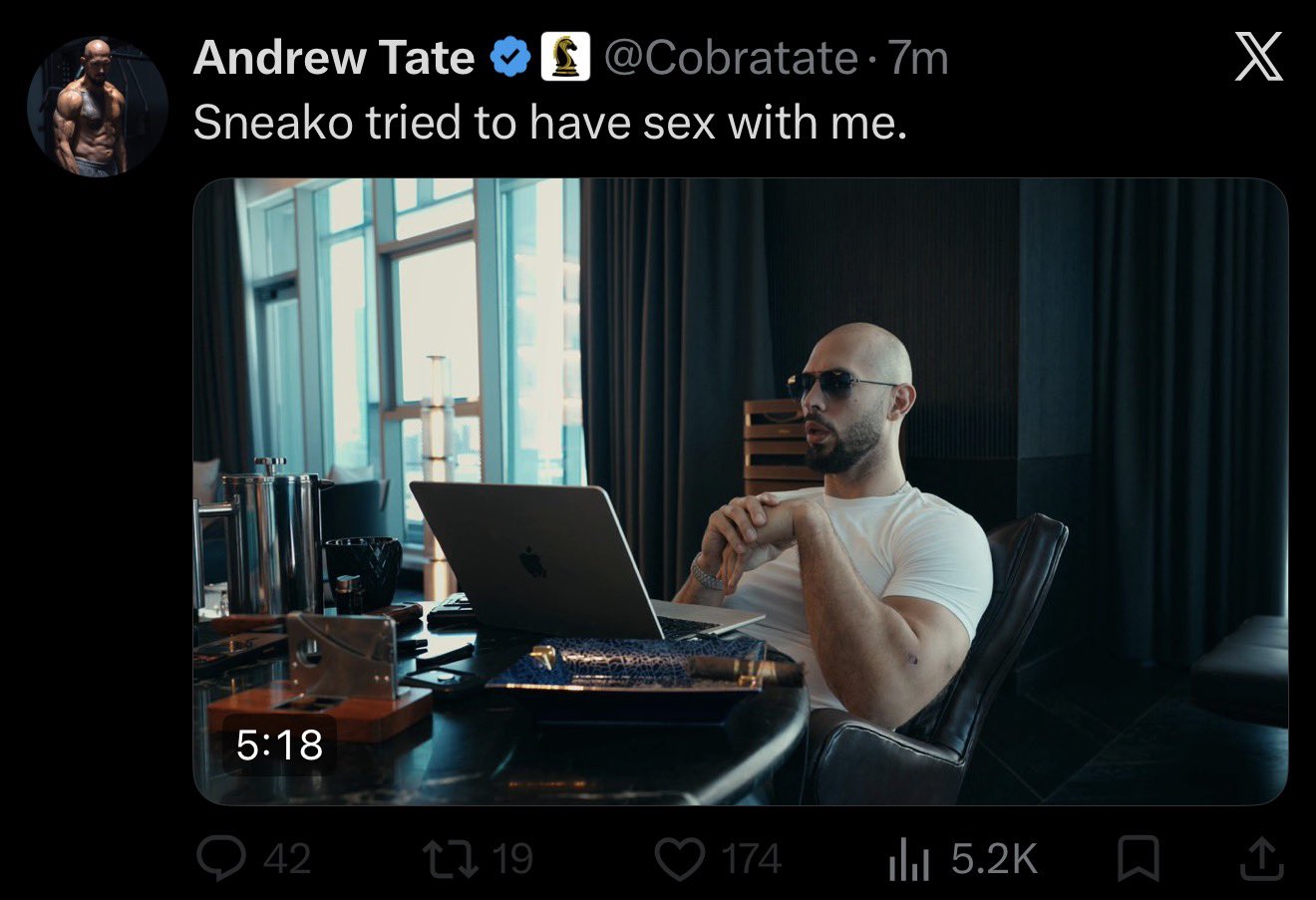 Image in @sneako's post: the irony of andrew tate spending so many years crying about women falsely accusing him of human tr…
