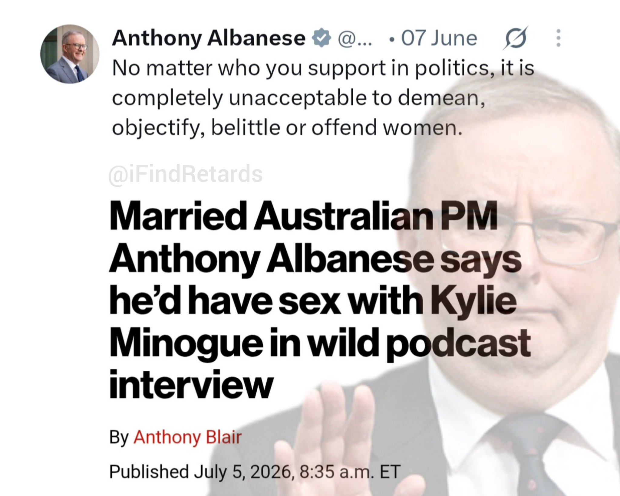 Image in @IfindRetards's post: Australian PM is a retarded hypocrite. https://t.co/PXRVHK2IUo