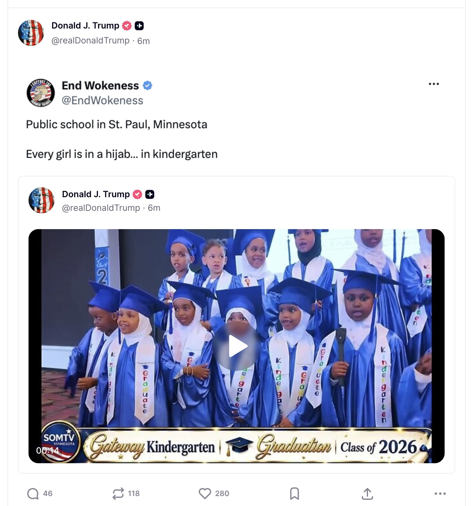 Image in @sneako's post: 160 schoolgirls in Iran was not enough, now Trump is attacking kindergarten girls in Minnesota for …