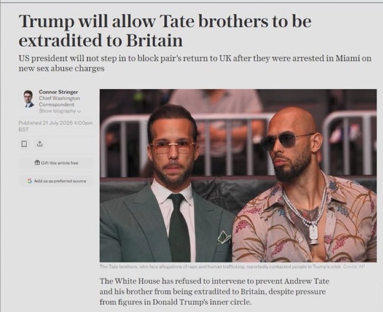 Image in @sneako's post: The Tate brothers glazed Trump nonstop for years only for him to allow them to be extradited to the…