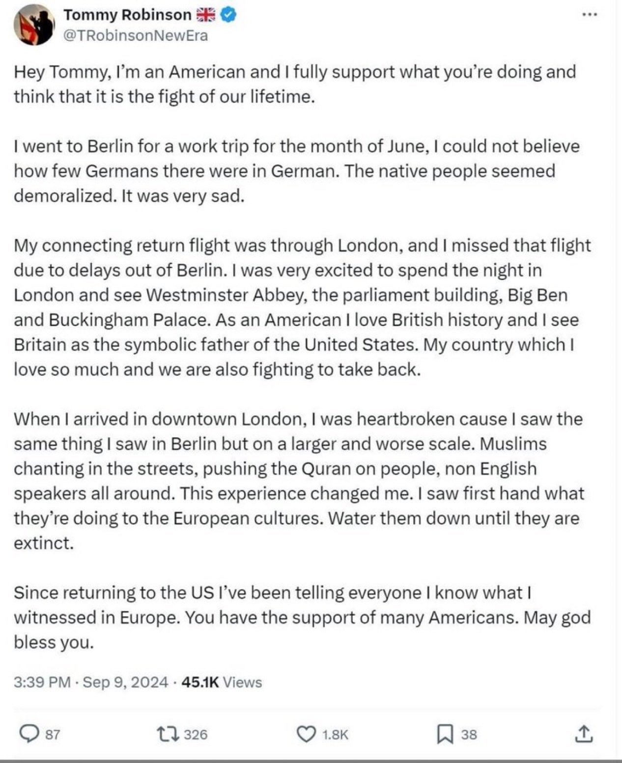 Image in @sneako's post: 🚨 Tommy “White Powder” Robinson forgot to switch accounts to tweet a letter of admiration to himsel…