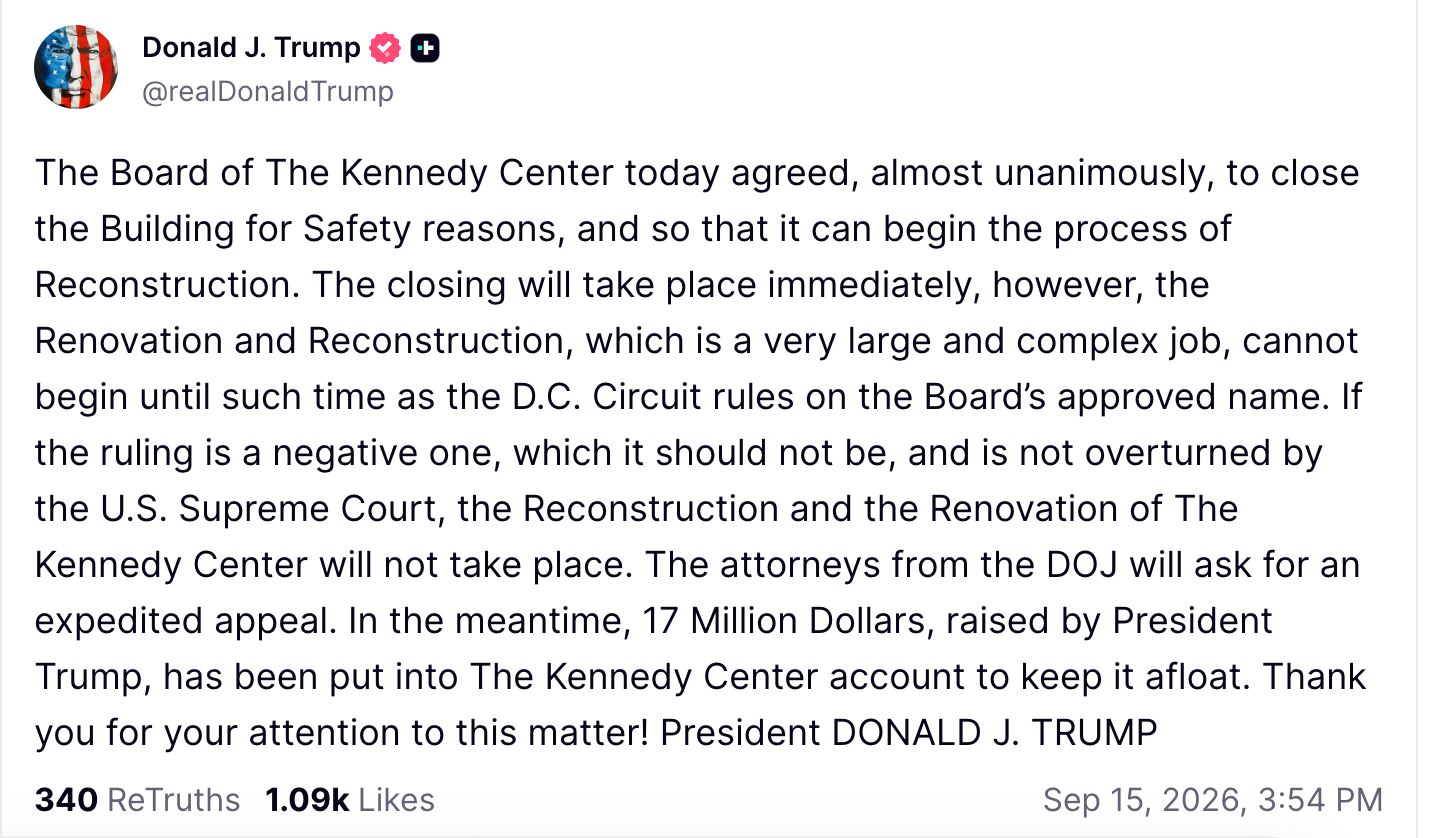 Image in @MarioNawfal's post: 🇺🇸 Trump says the Kennedy Center board has voted almost unanimously to close the building immediate…